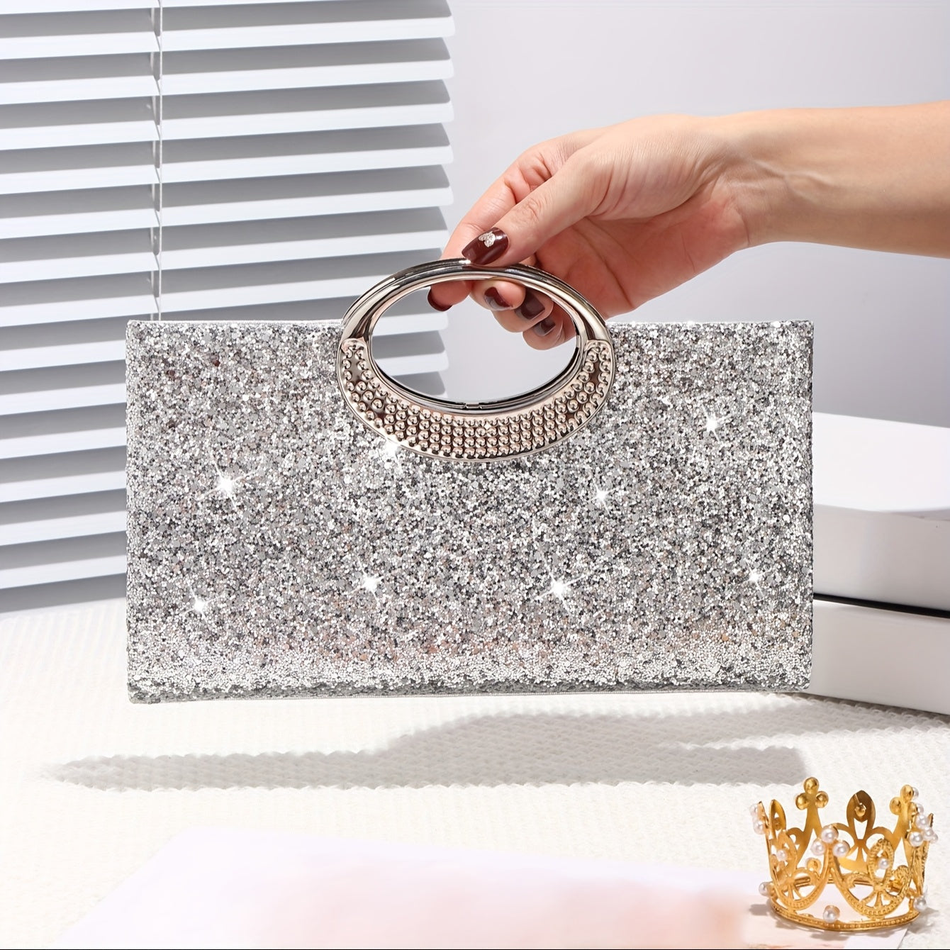 Sequin evening handbag with golden accents, perfect for weddings, parties, dances, and special occasions.