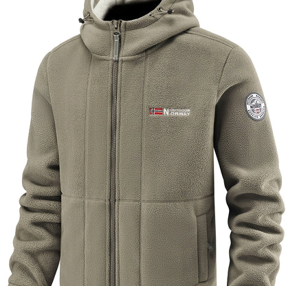 Men's fleece jacket with hoodie, zipper pockets, warm and windproof for outdoor sports in autumn and winter.