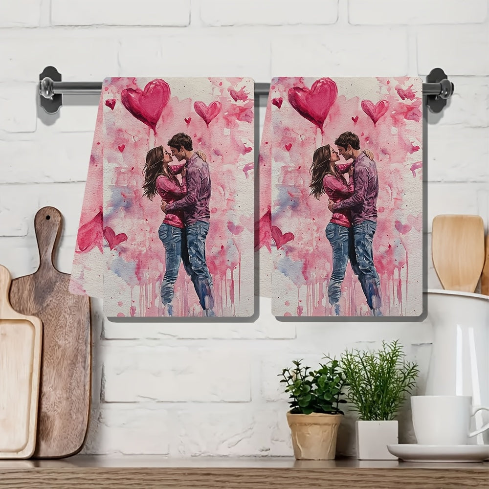 Set of 2 Valentine's Day Kitchen Towels for Lovers, Modern Coastal Design, Highly Absorbent Polyester Fabric, Easy to Clean in Washing Machine, Size 16x24 inches, Stylish Hand Towels for Holiday Decoration - SKU 2KYSYS1217571, Dish Towels Included