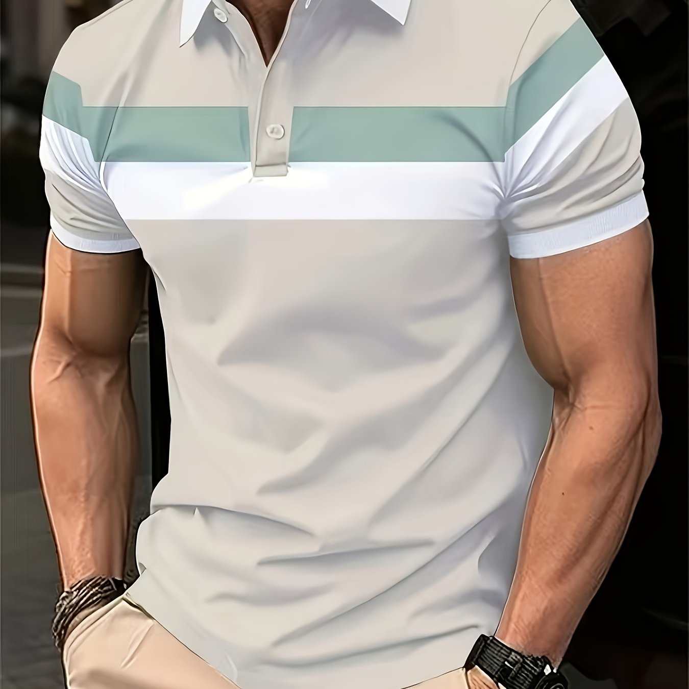 Men's Casual Block Color Polo Shirt made of polyester knit fabric, with lapel collar and button details for all-season wear.