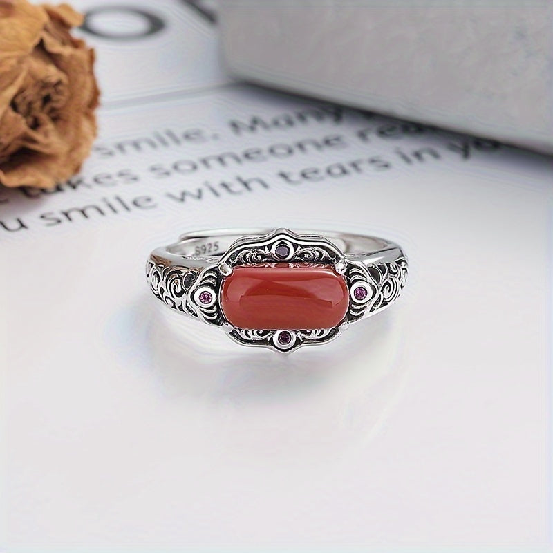 925 Silver Plated Vintage Boho Style Natural Agate Ring, Adjustable Open Ring with Tree Pattern Engraving. Elegant Court-inspired Design Perfect for Daily Wear and Gift-Giving.