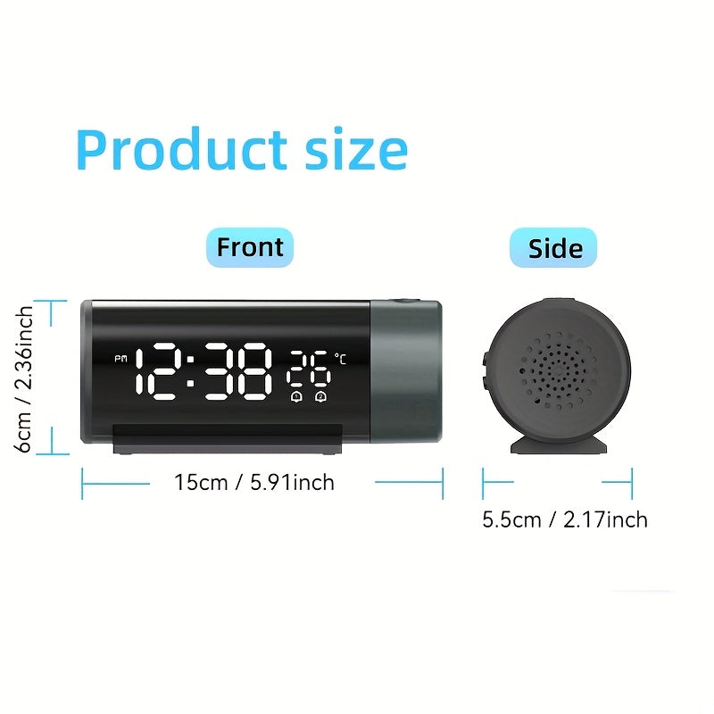 Digital smart projection clock with USB connection, dual alarms, sleepy function, time and temperature projection, and 4 brightness levels.