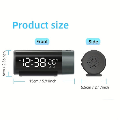 Digital smart projection clock with USB connection, dual alarms, sleepy function, time and temperature projection, and 4 brightness levels.