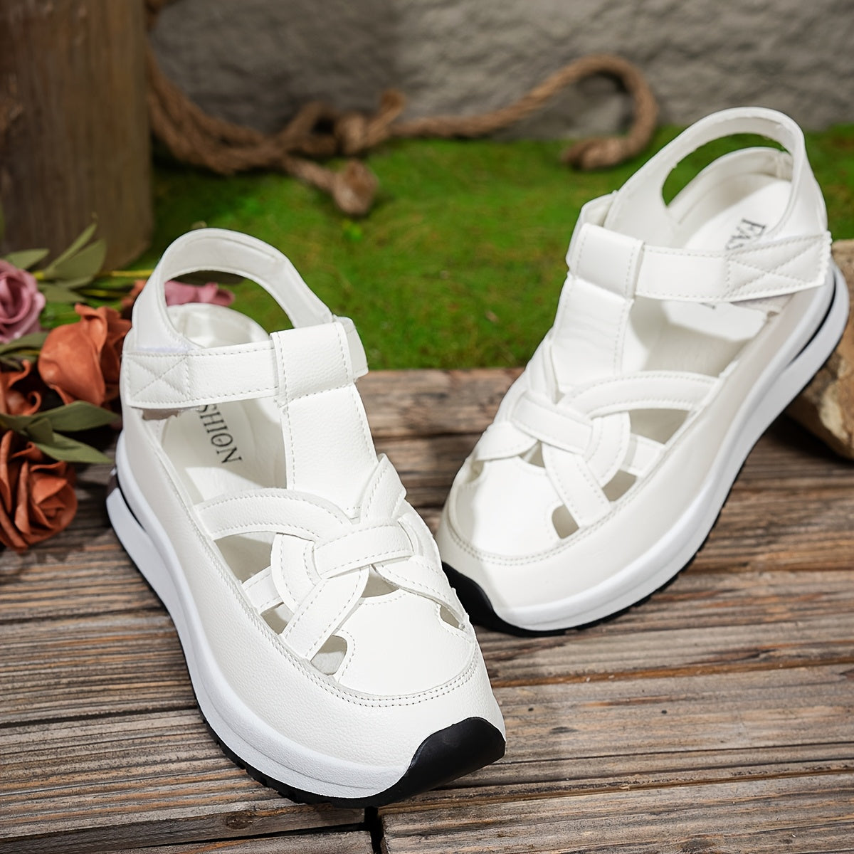 Chic white platform sandals for summer with comfortable thick sole wedge heels and easy hook-and-loop strap. Features faux cover and rubber sole for better grip.