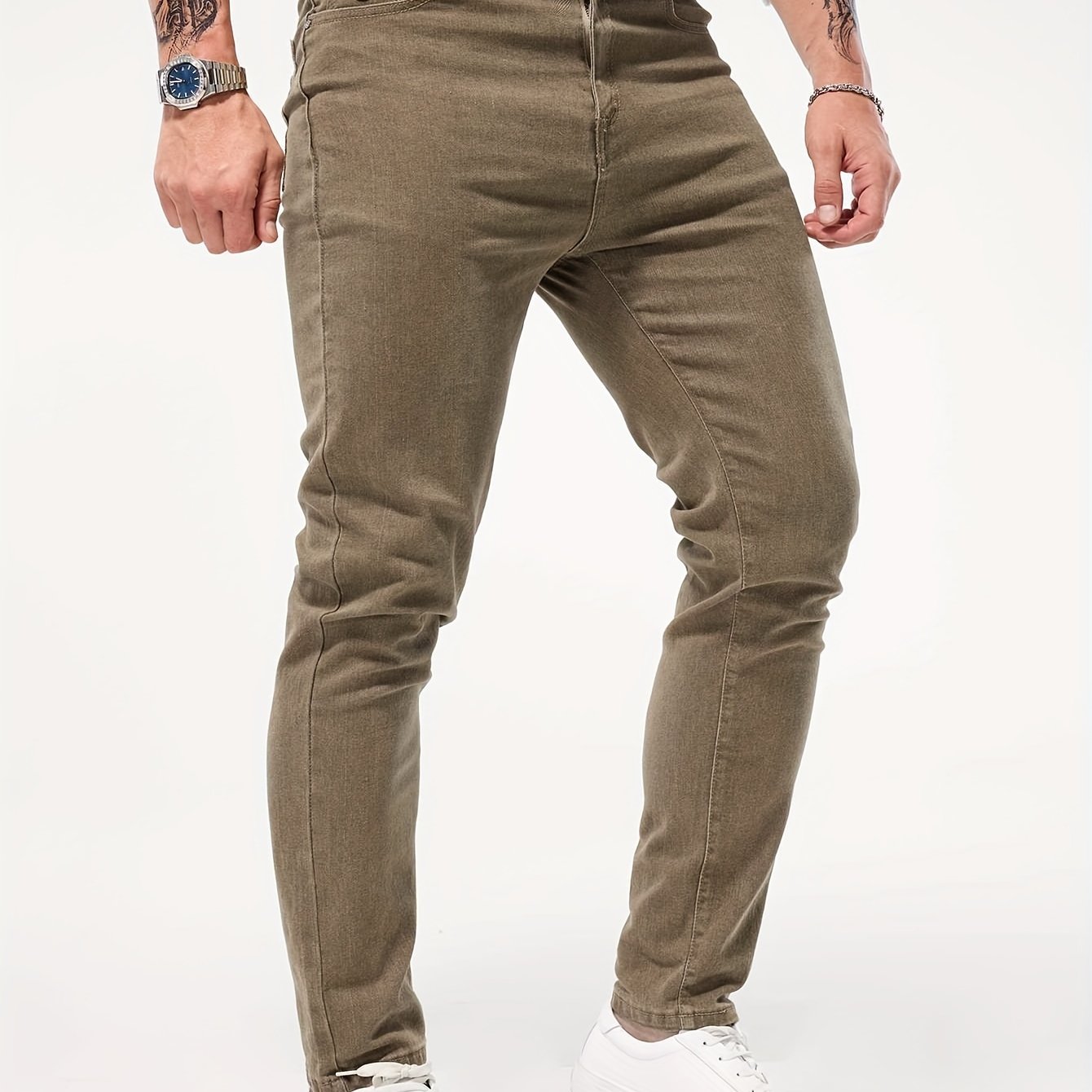 Button closure, stretch denim, solid color men's slim fit straight-leg jeans, all-season casual style trousers.