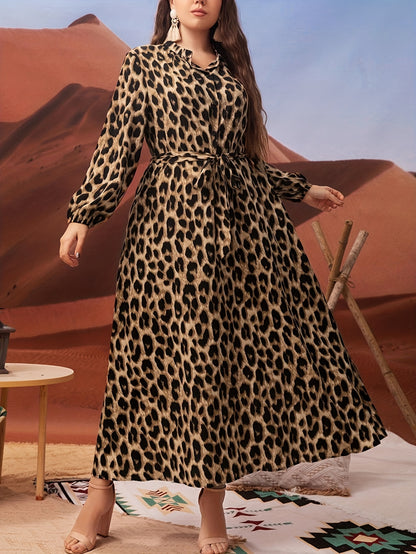 Plus-size leopard print dress with lantern sleeves, belt, collared neckline, and non-stretch polyester material. Machine washable and suitable for all seasons and occasions.