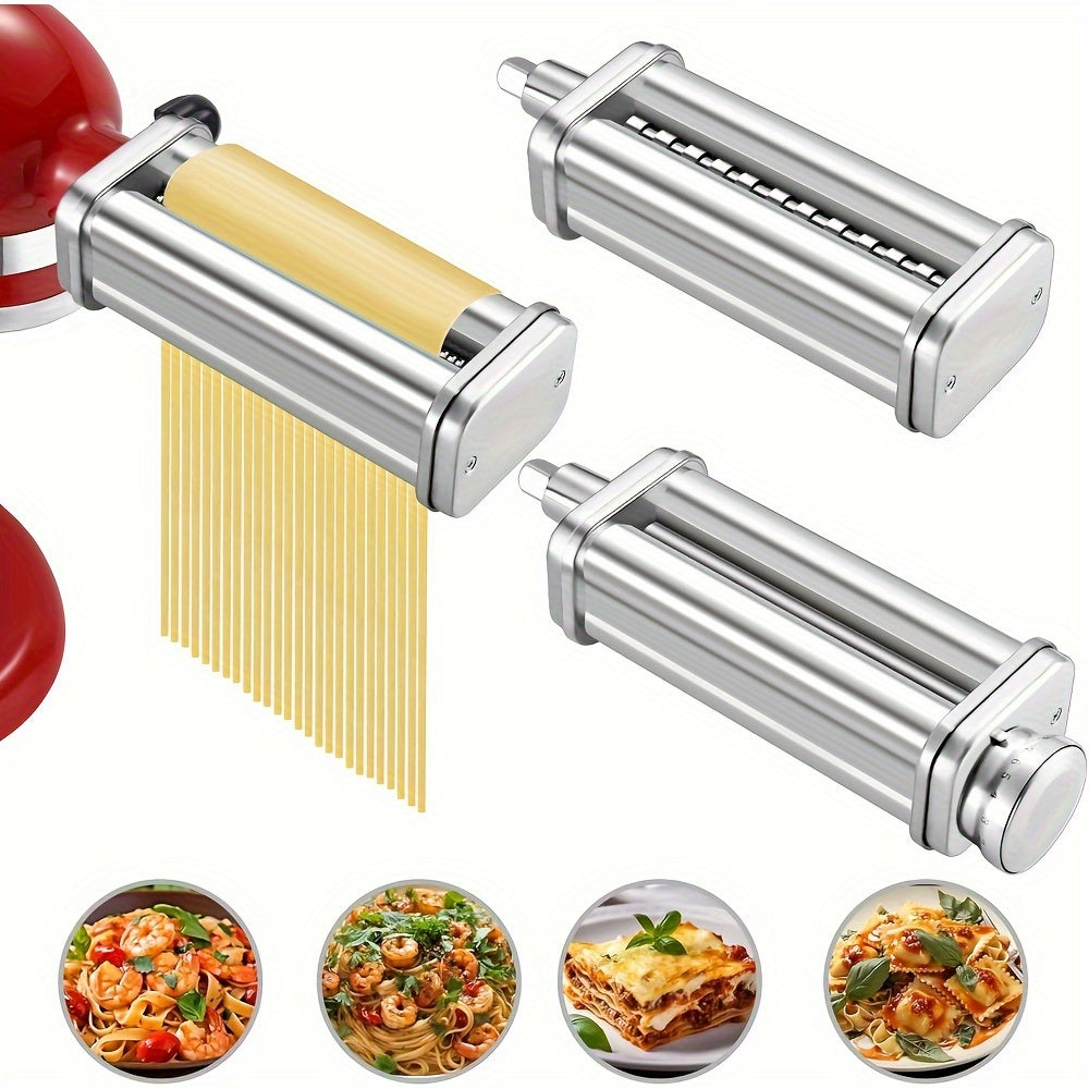 Stainless Steel Pasta Maker Attachment Set for KitchenAid Stand Mixers - Includes Noodle Roller, Spaghetti & Fettuccine Cutters (Set of 3, Machine Not Included)