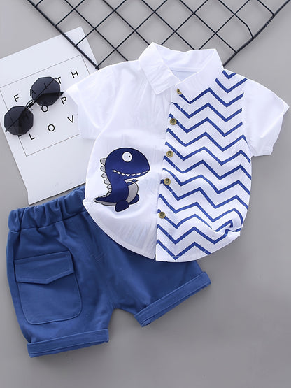 Boys' Dinosaur Cartoon Shirt & Shorts Set in soft cotton blend with white short-sleeve top and blue chevron pattern. Includes dark blue denim shorts for a casual summer outfit. Ideal for