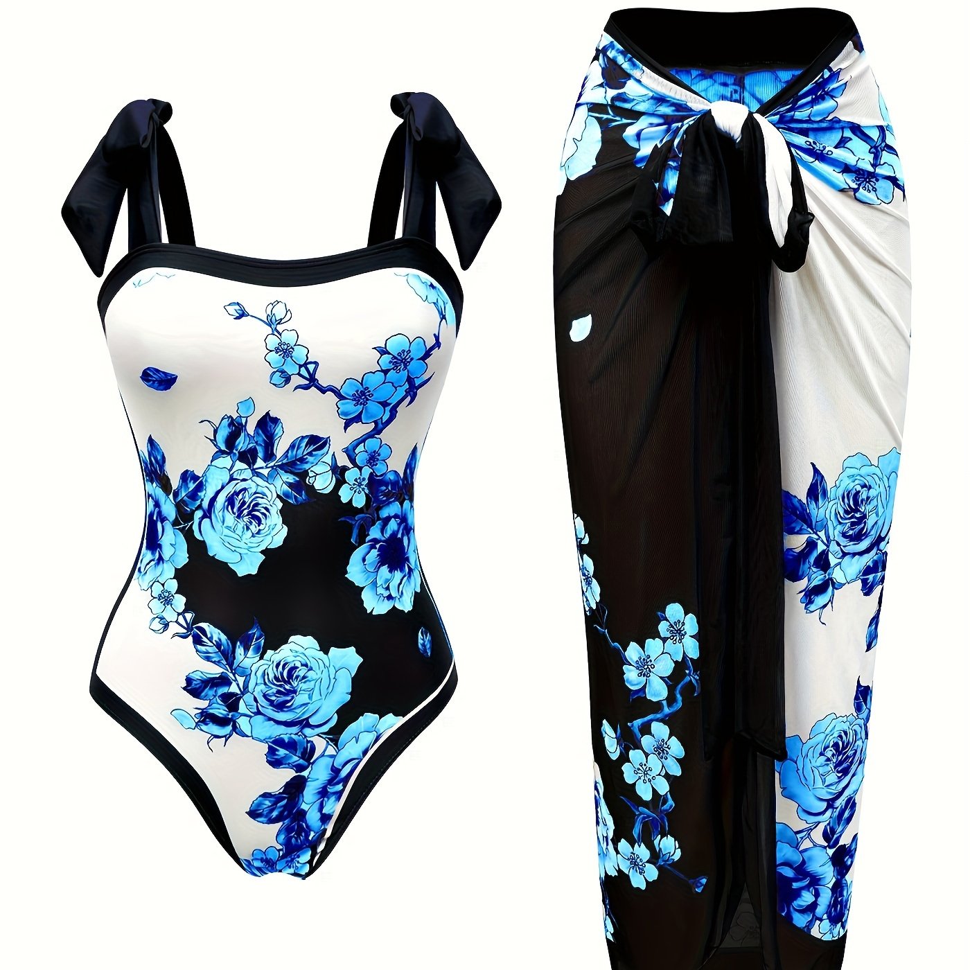 Stylish one-piece swimsuit with sun protection, floral print, and sheer skirt - ideal for the beach.