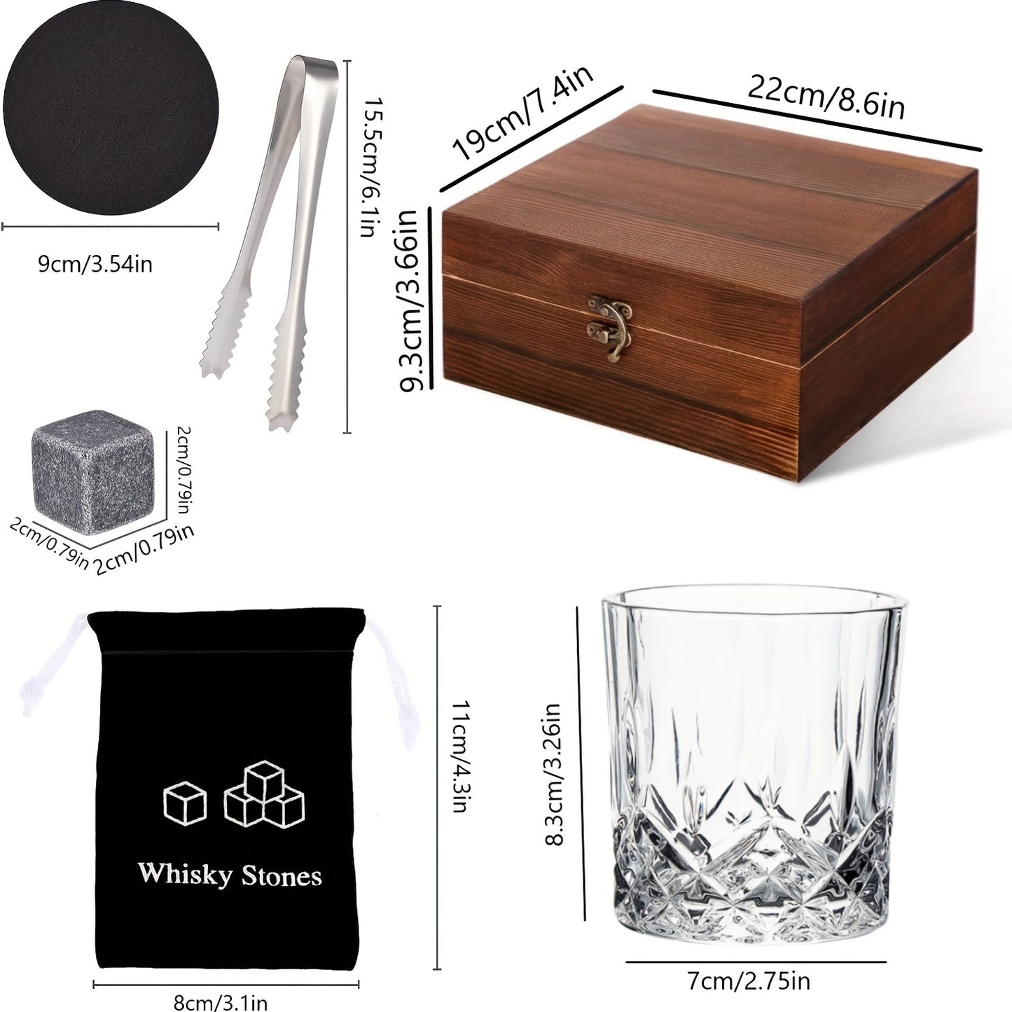 1 Set of Whiskey Glass Set with 8 Stones, 2 Glasses, Ice Tongs, Reusable Stones; Perfect Men's Gift for Father's Day or Anniversary; Ideal for Bar Parties