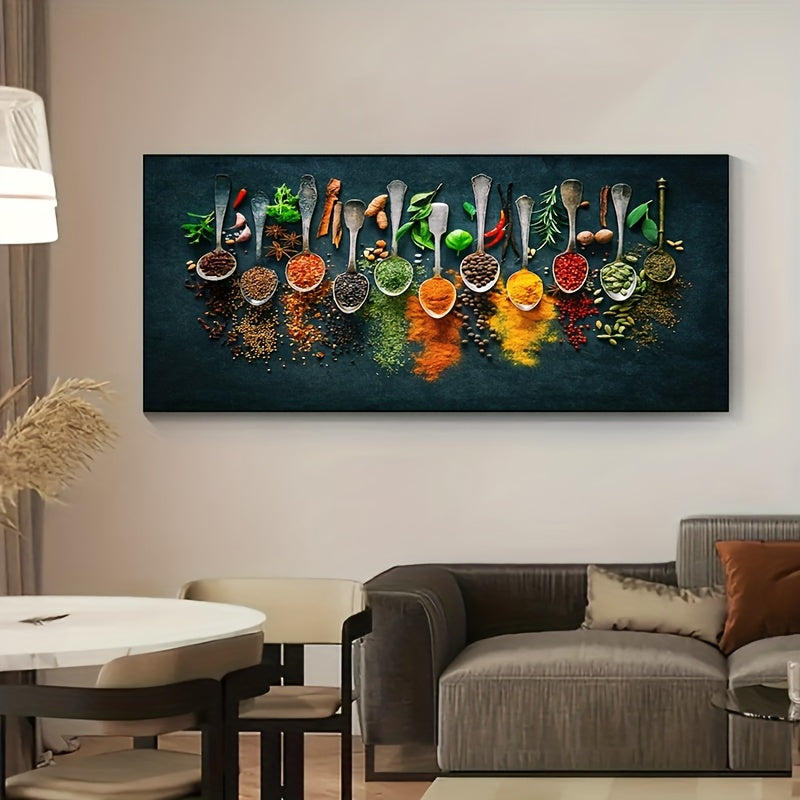 Spice-themed kitchen wall art canvas adds vibrancy to your home decor with a modern matte finish, perfect for the living room or kitchen. Frameless, removable, and reusable design.