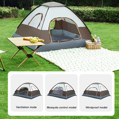 Portable camping tent with sun protection, dual doors, and windows for ventilation, made of durable polyester fabric for family outdoor adventures.