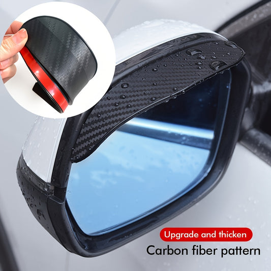 Universal car side mirror rain visors in a 2-pack with PVC carbon fiber pattern for glare protection, suitable for most vehicles, trucks, and SUVs.