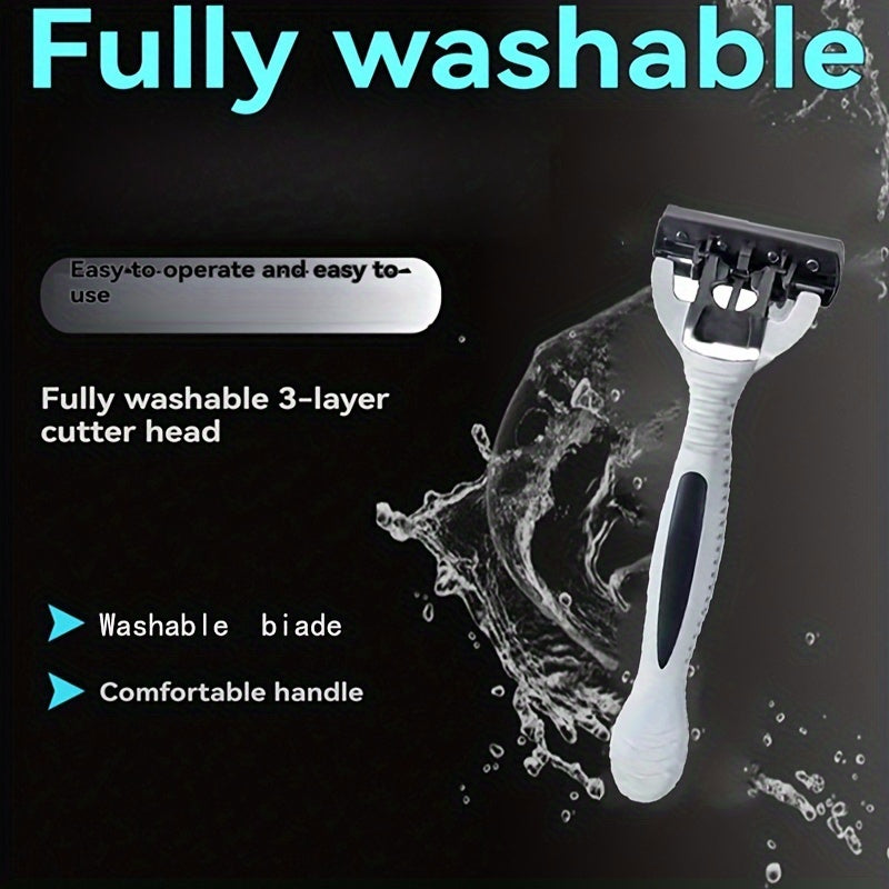 Men's manual razor with stainless steel blades, non-slip handle, and replacement heads. Ideal for beard and mustache grooming.