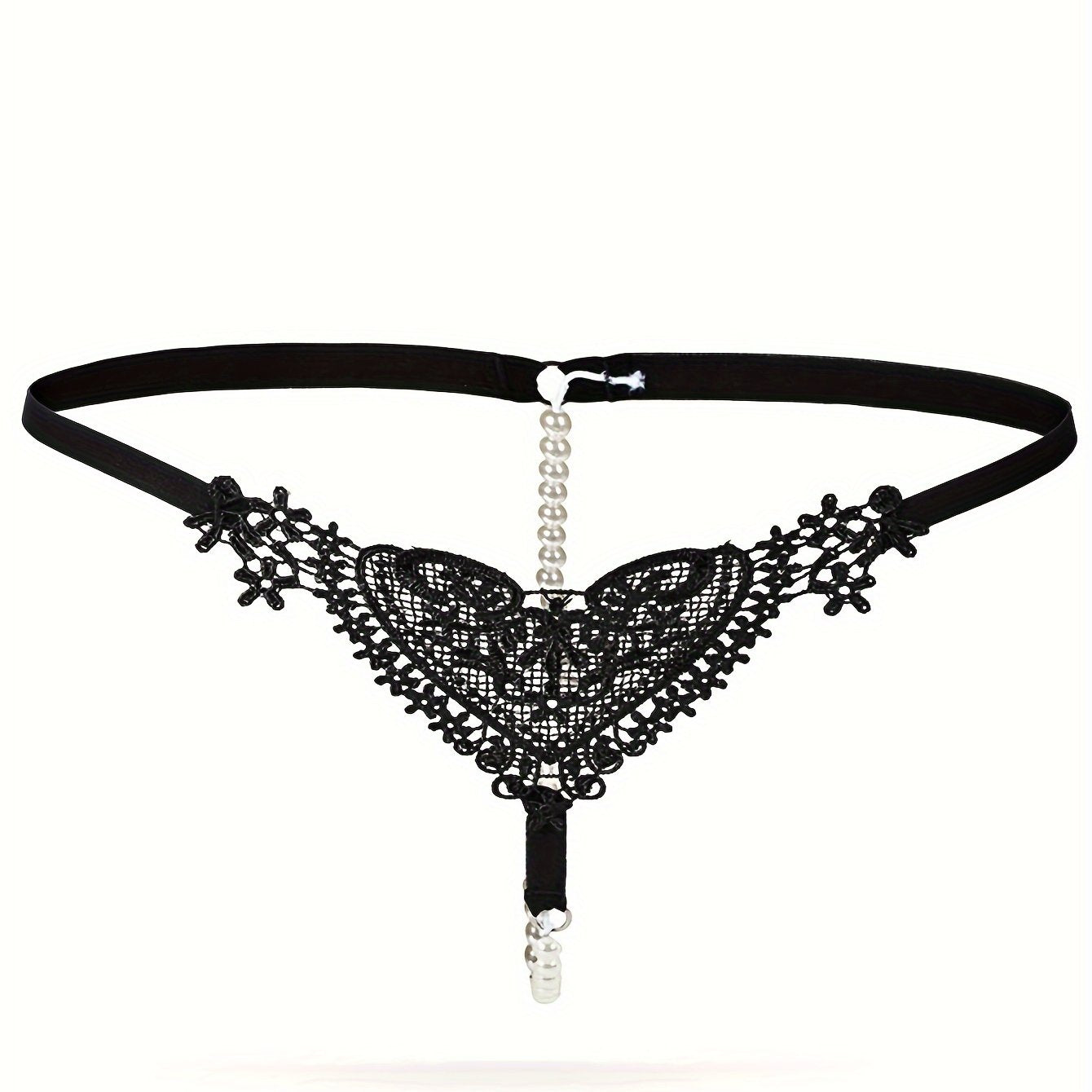 Low-rise thong with pearl embellishments and hollow out design. Breathable polyester, hand washable. Ideal for adults.