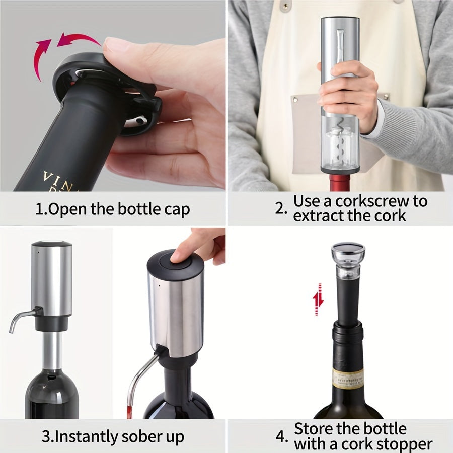 Electric wine opener set includes foil slicer and dispenser, USB rechargeable for kitchen and restaurant use.