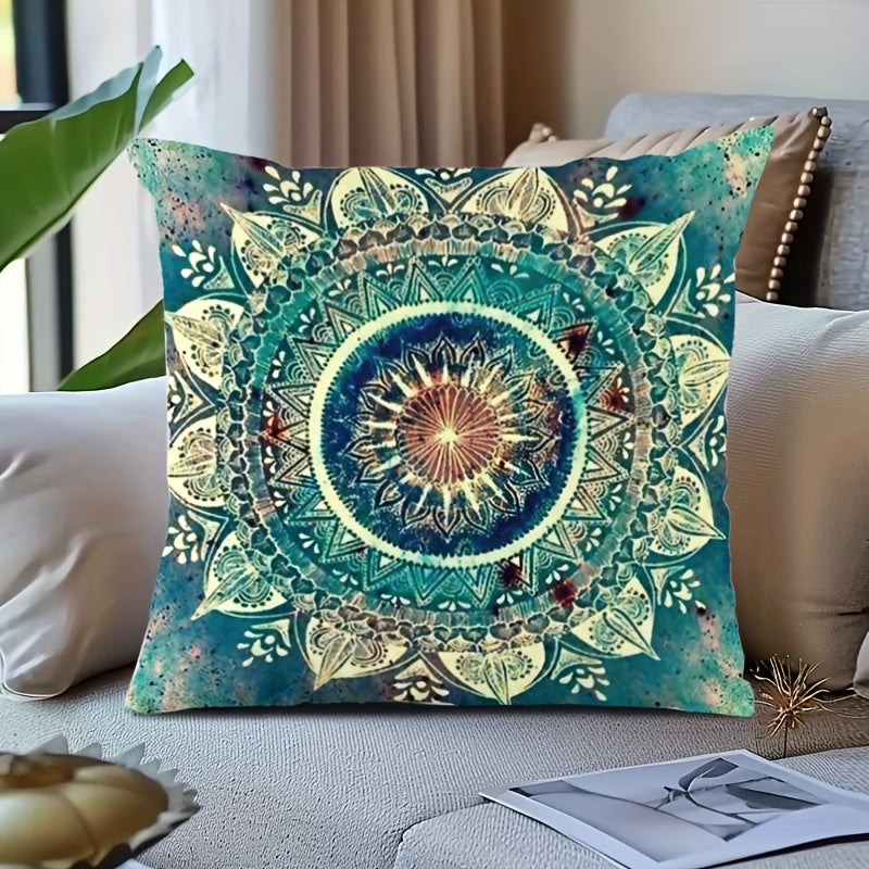 Mandala Pillow Cover in Bohemian Style, Size 44.96x44.96cm - Features Vibrant and Stylish Double-Sided Design for Sofa & Bed Decoration | Made of Machine Washable Polyester Material | Ideal for Weddings, Birthdays, and Holidays