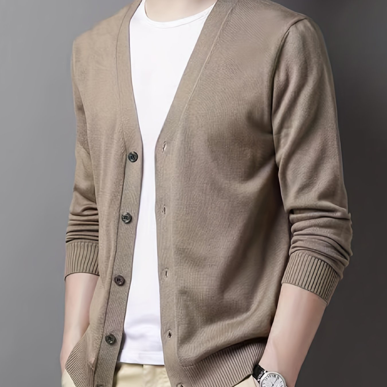 Men's plus size V-Neck cardigan made of viscose blend knit with rib-knit details, long sleeves, and button placket. Perfect for spring/fall, semiformal occasions. Stylish, ribbed edges.