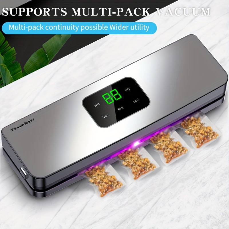 Vacuum sealer machine with touch buttons, digital display, detachable cleaning, and 10 free sealing bags for dry/wet food packaging to keep fresh.