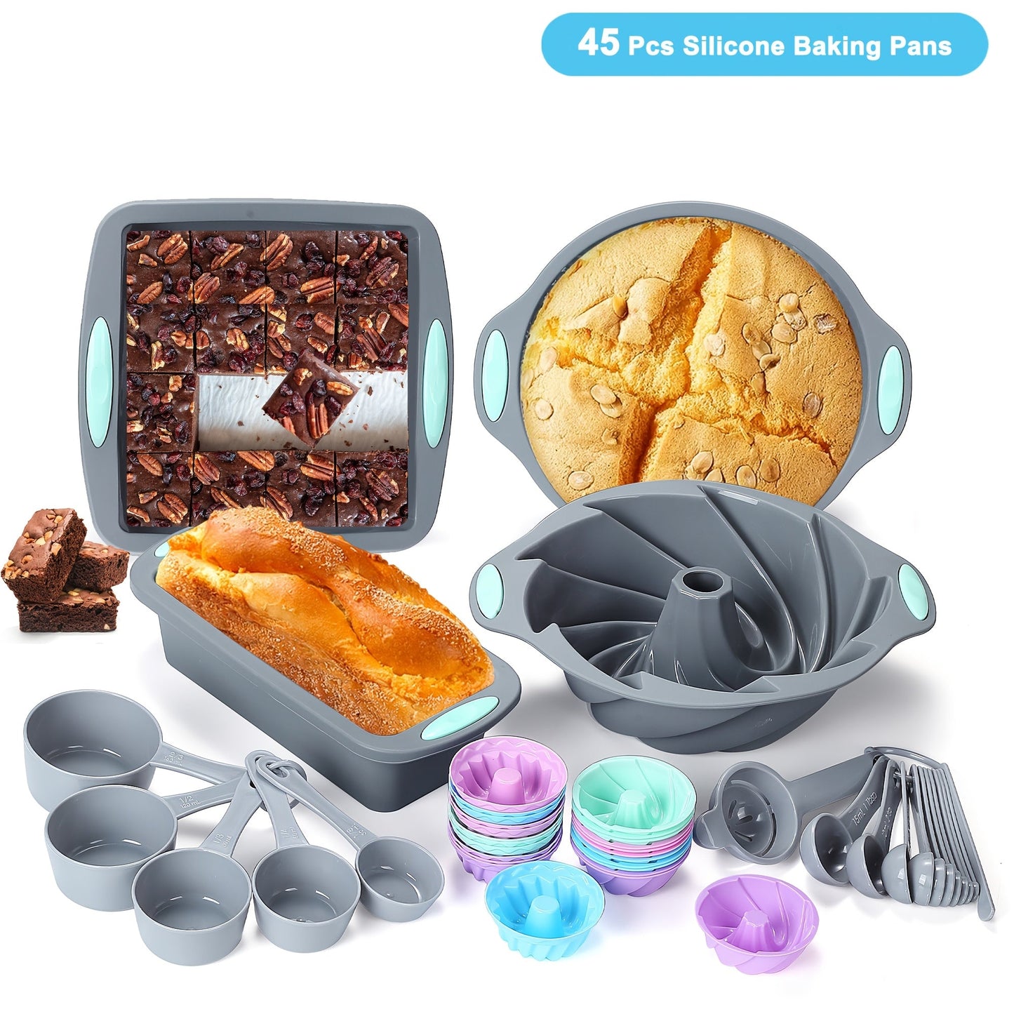 Silicone Baking Set with 45 Pieces including Nonstick Bakeware for Baking Cookies, Cakes, Muffins, and Breads. Set includes Loaf Pan, Cake Pan, Pizza Pan, Mini Cupcake Mold, Bundt Pan, Charlotte Cake Pan, and Measuring Cup and Spoon.