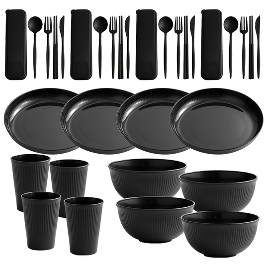 32-piece high-end black tableware set for home, restaurant, or outdoor use, designed to prevent falls.