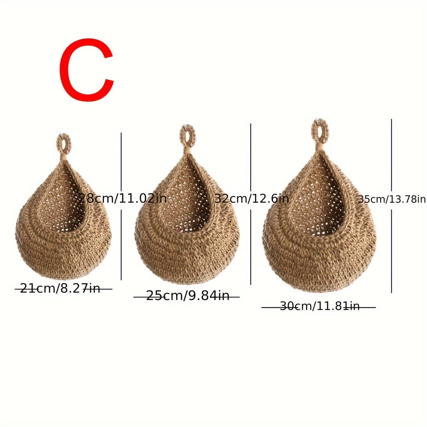 Set of 3 hanging baskets made of cotton rope and sisal crochet, featuring water drops design. This versatile storage solution can be used as a fruit, vegetable, or plant holder, or as a kitchen organizer. Hang them on the wall to save space and add a