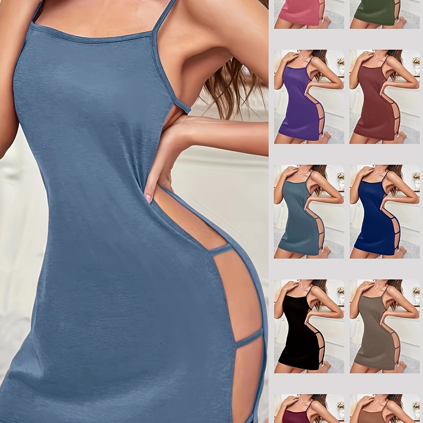 Seductive nightgown with backless round neck and side cutouts, perfect for women's sleepwear.