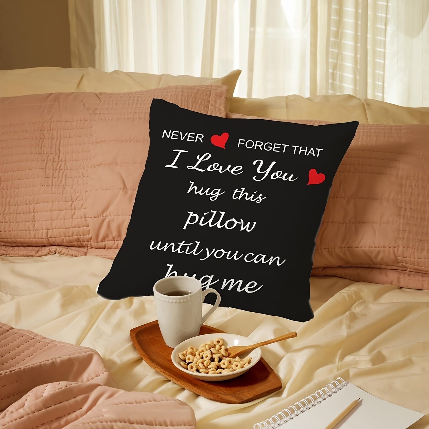 Romantic 'I Love You' hug-inspired pillow cover, 45.72x45.72 cm, perfect girlfriend gift, soft plush material, zip closure, hand washable.