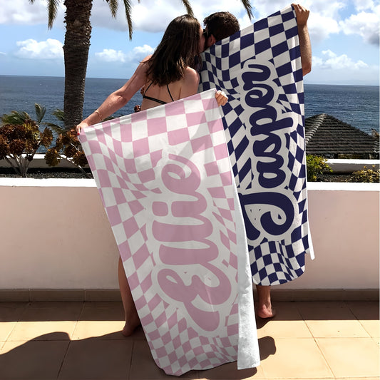 Customized lattice pattern beach towel with name, super absorbent and quick-drying. Ideal for beach, swimming, camping, and travel.