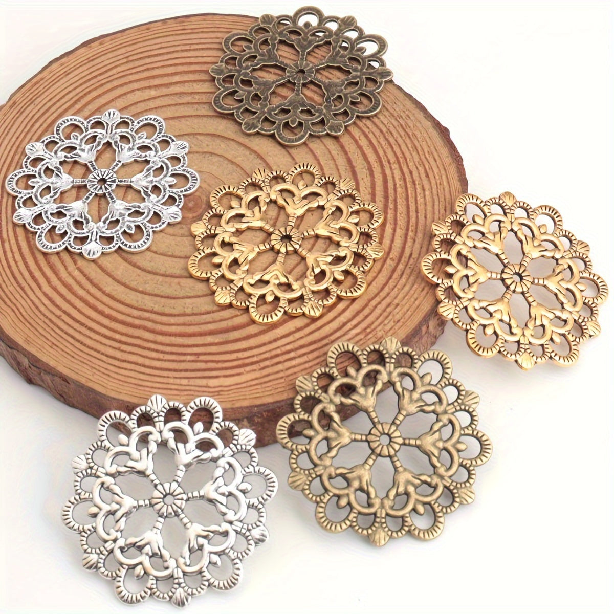 Set of 30 Antique Silvery/Ancient Golden/Bronze Hollow Lace Flower Round Combined Golden Pendants, 30mm/1.2 Inch in Size. Perfect for Christmas Decoration and DIY Jewelry Making