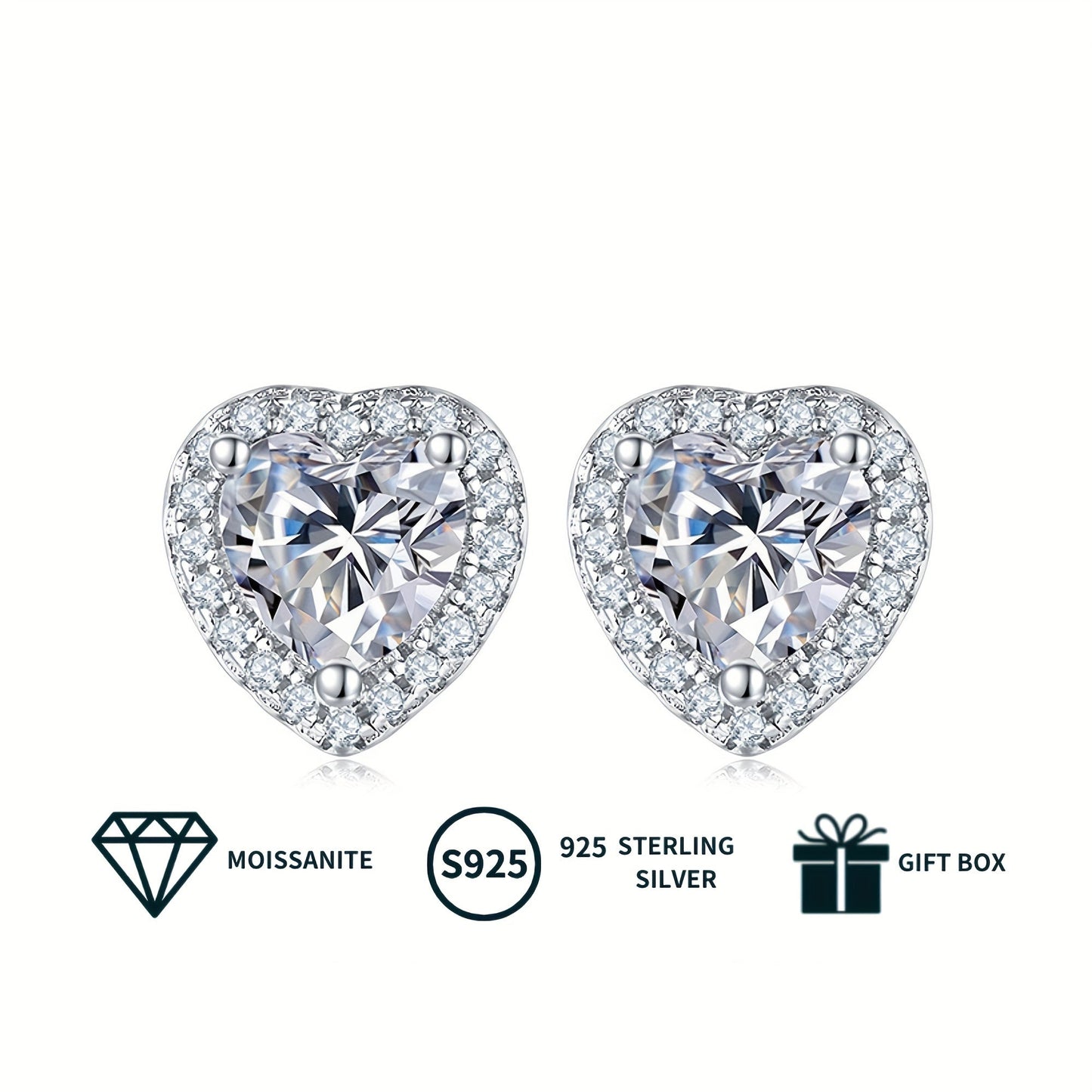 A set of elegant women's jewelry includes a pair of heart-shaped s925 silver earrings featuring 0.5ct*2 moissanite stones, a 1.0ct moissanite pendant necklace, and a matching necklace chain. The set weighs 2.88g for the necklace and 1.58g for the