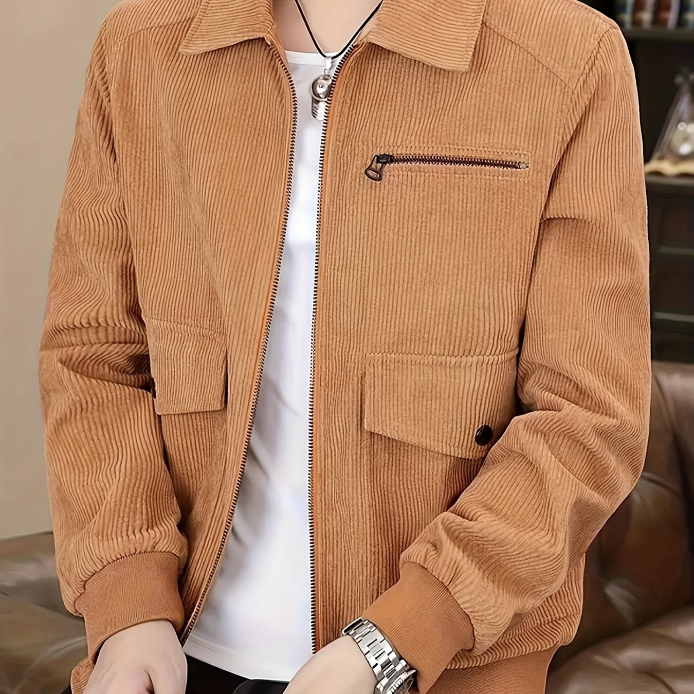 Men's Corduroy Jacket with Pockets, Casual Lapel, Zip Up, Long Sleeve, Outdoor Outwear