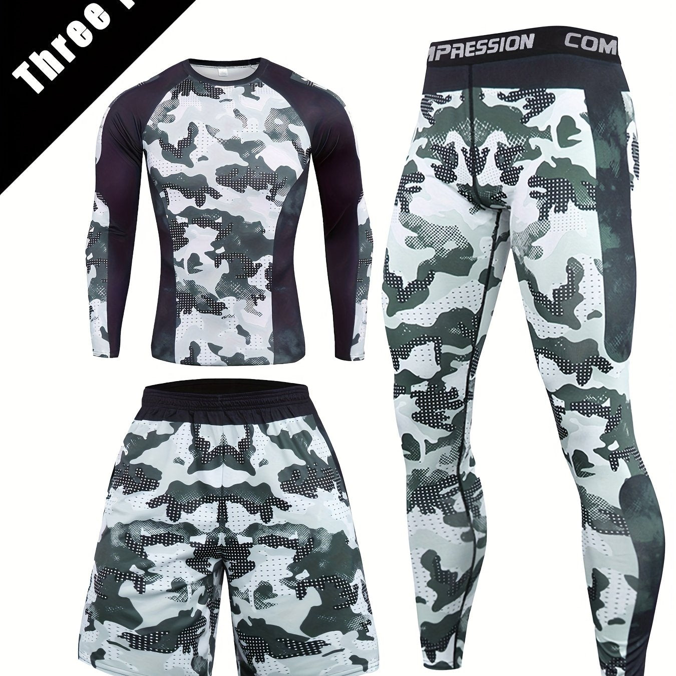 Men's camo compression set includes long sleeve top, shorts, and leggings for outdoor and training.