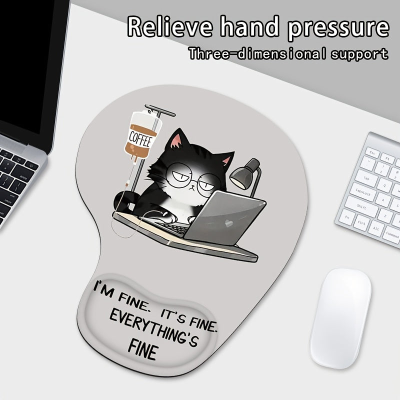 1pc WhimsyCat Ergonomic Silicone Wrist Rest Pad with Hand-Drawn Hardworking Cat Design for Home & Office Use