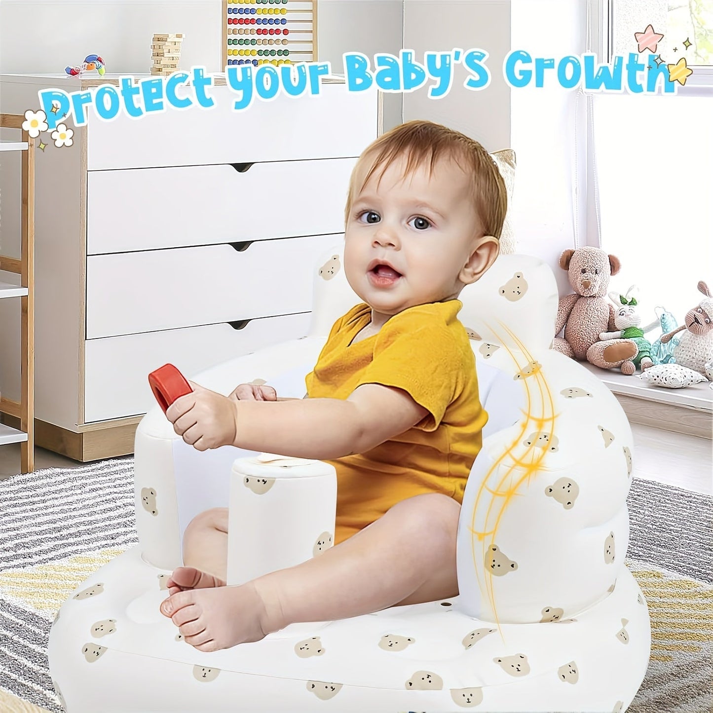 SUNGDOGIN Inflatable Baby Chair with Back Support, PVC Toddler Floor Seat for Sitting Up, Built-in Air Pump, White Bear Design - Suitable for Kids 3 Months and Up