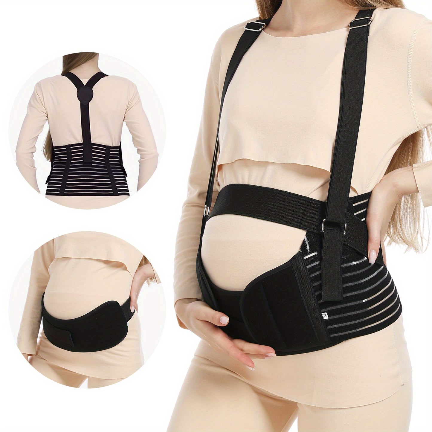 Pregnancy and postpartum support belt with breathable material, detachable shoulder strap, and adjustable sizes.