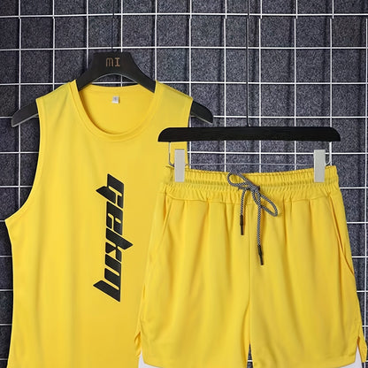 Men's 2-piece outfit with letter print tank top and loose basketball shorts.