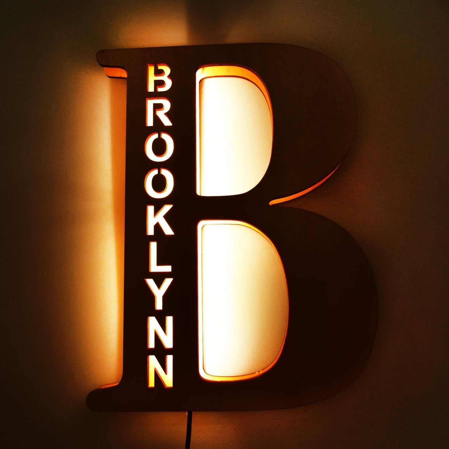 Custom LED letter night light for couples, friends, and family - personalized wooden wall lamp powered by USB. Ideal for bedroom decor with custom uppercase letters.