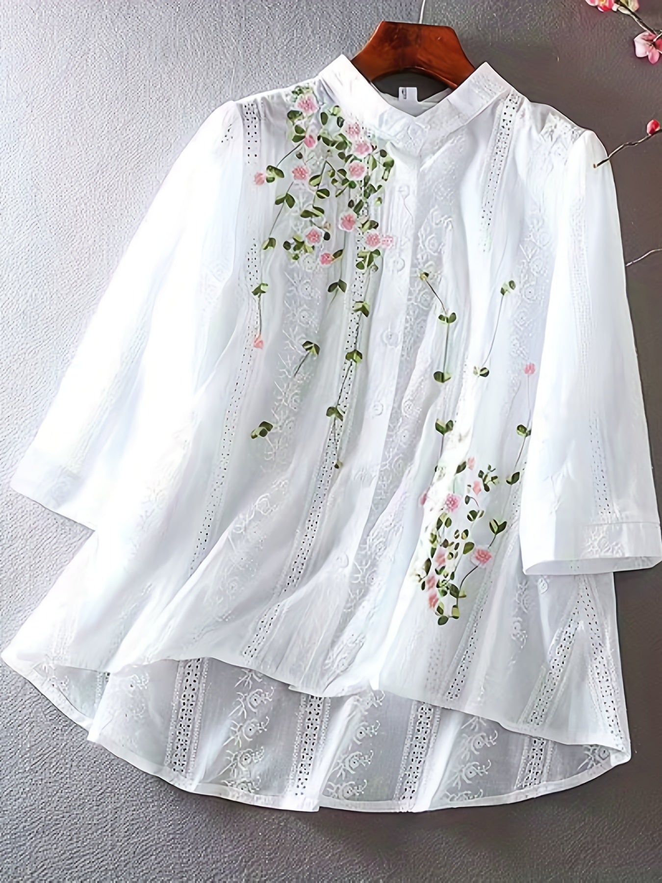 Women's embroidered stand collar polyester shirt, 100gsm woven fabric for spring/summer season, adult fashion blouse.