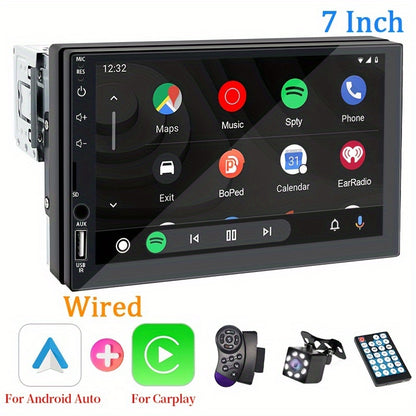 Universal car audio receiver with 7-inch touch screen, GPS navigation, wireless connectivity, and stereo output. Compatible with Android Auto and CarPlay, suitable for all vehicle models.