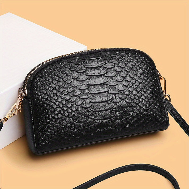 2024 Trendy Snake Embossed Crossbody Bag with Zipper Closure, Genuine Leather, Polyester Lining, Edge Paint, Black/Beige/Khaki Options.