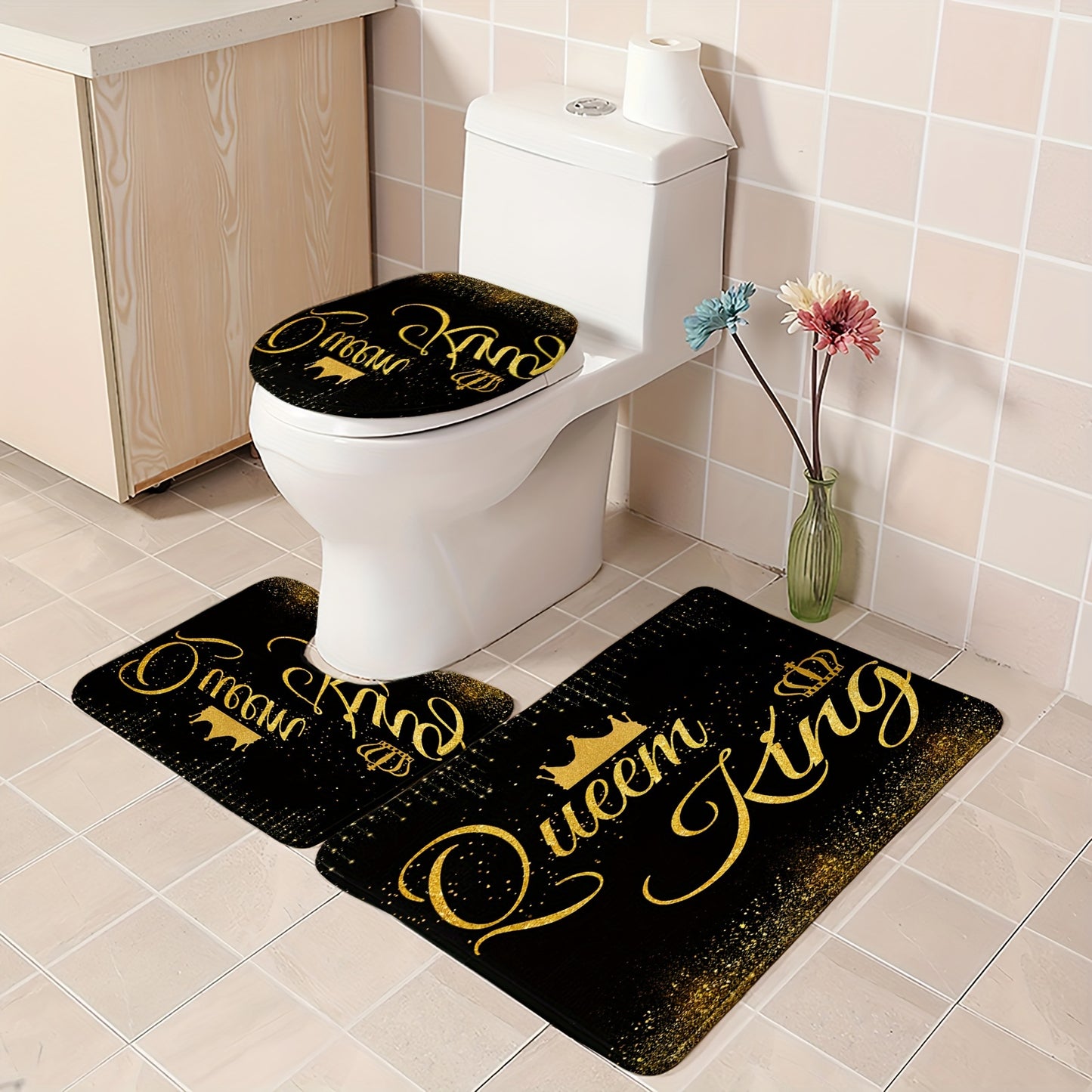 Royal shower curtain set with hooks, bathroom rugs, and crown motif design. Water-resistant polyester, machine washable. Includes non-slip U-shaped mat and toilet lid cover.