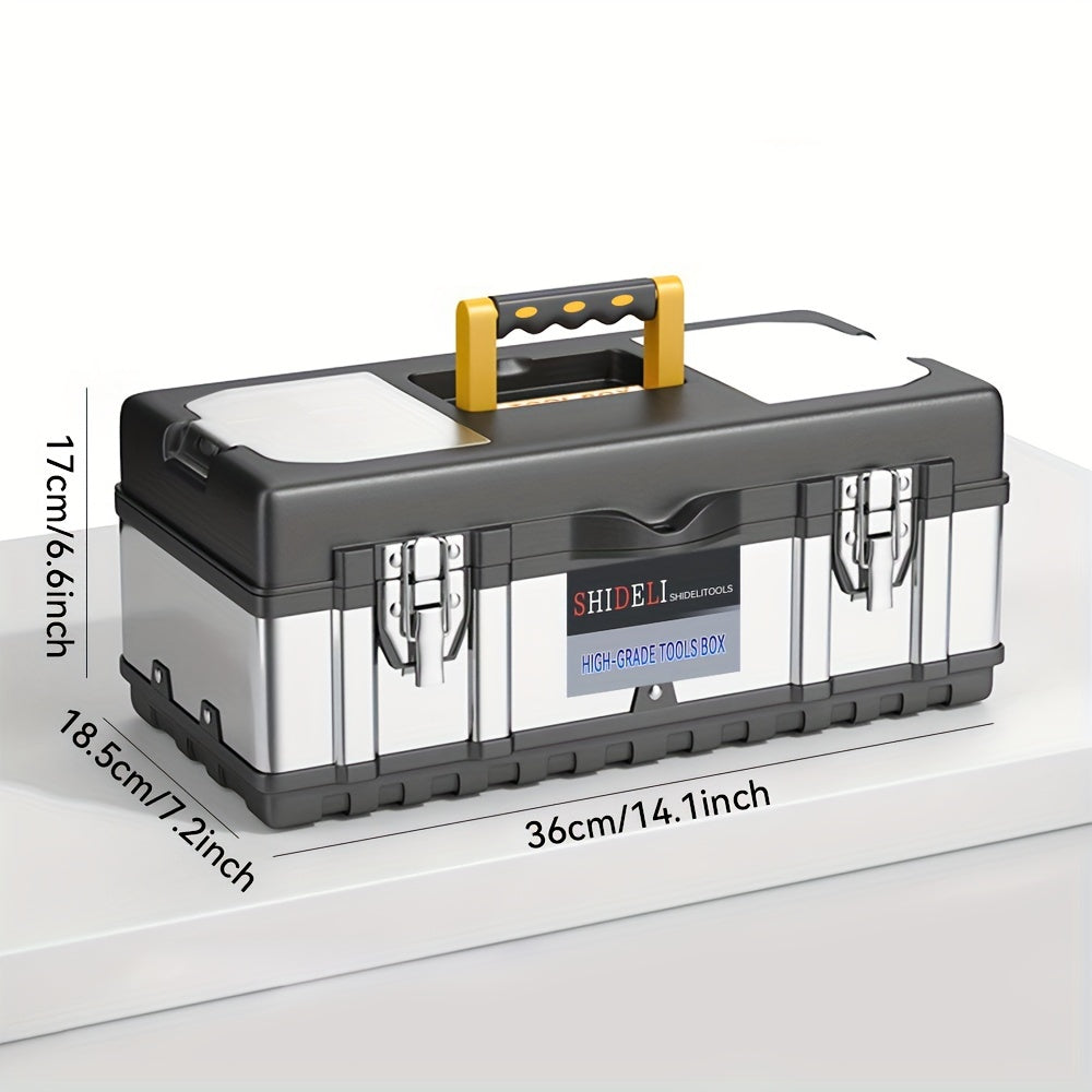 Waterproof 14/17 Inch Hardware Toolbox with Transparent Compartments, Secure Locking Mechanism, Perfect for Electricians, Carpenters & Drills - Durable Plastic, Sleek Black Design