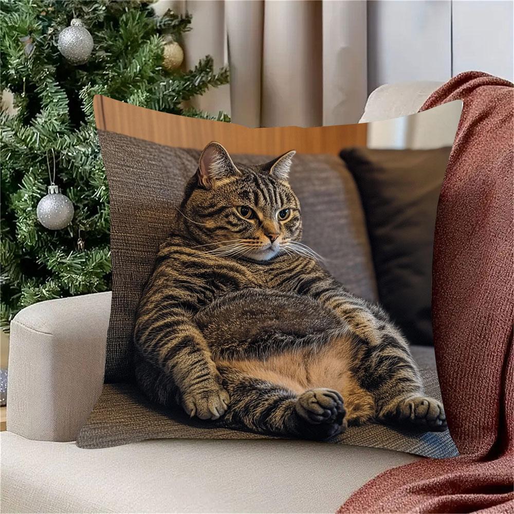 Whimsy Winter Fat Cat Pillow Case - Double-Sided Polyester Fiber Cushion Cover for Christmas Sofa, Festive Home Party Decor. Does not include insert.