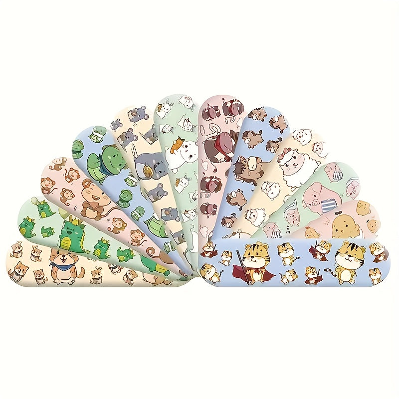 120 cute cartoon animal bandages for kids and adults. Hypoallergenic, waterproof PE patches with fun designs. Ideal for home emergencies.