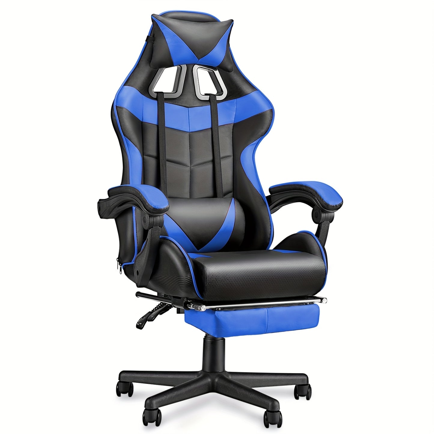 Ergonomic gaming chair with footrest, high back, adjustable headrest and lumbar support in white and black for home office.