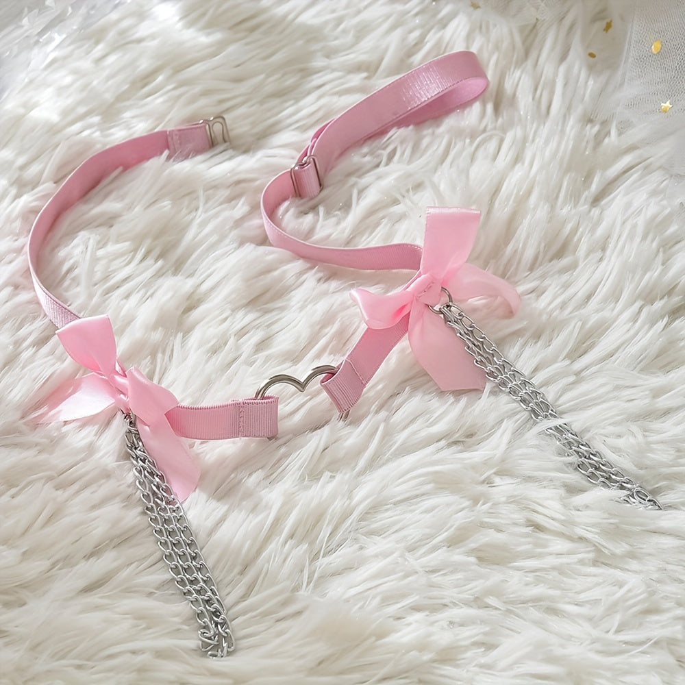 Stylish adjustable leg garter with white bow and heart charm. Perfect for weddings, dance, and costumes.