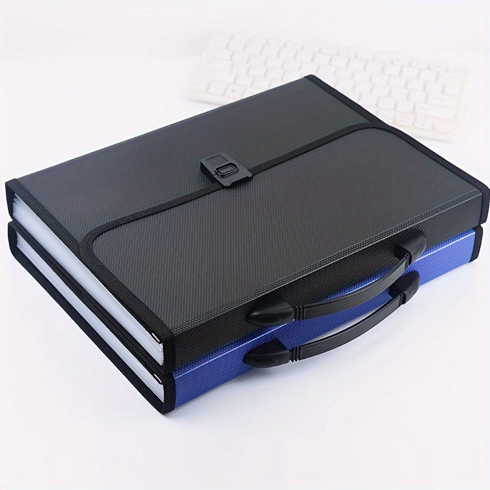 Waterproof A4 Accordion File Organizer with 13 Pockets for Students and Professionals, available in Blue and Black.