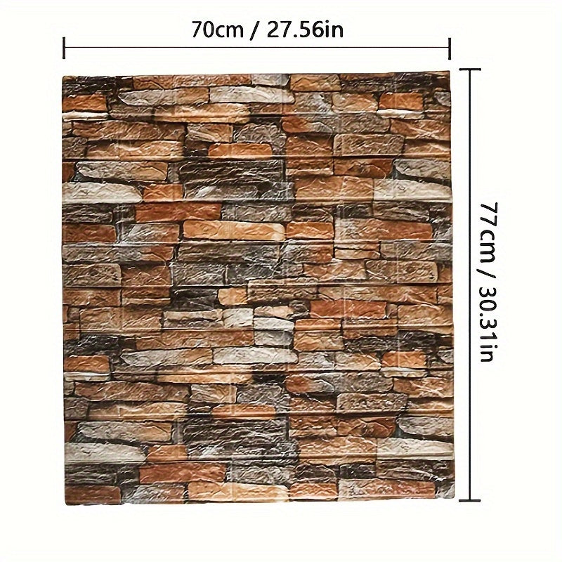 10pcs self-adhesive PVC wallpaper 3D brick wall stickers measuring 70cm X 77cm for DIY home decor in bedroom and bathroom.