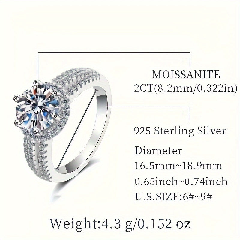 Sterling Silver Three Row Round Ring with 3ct Moissanite for Women's Engagement and Wedding, Hypoallergenic Classic Style. Includes Moissanite Certificate and Elegant Gift Box.